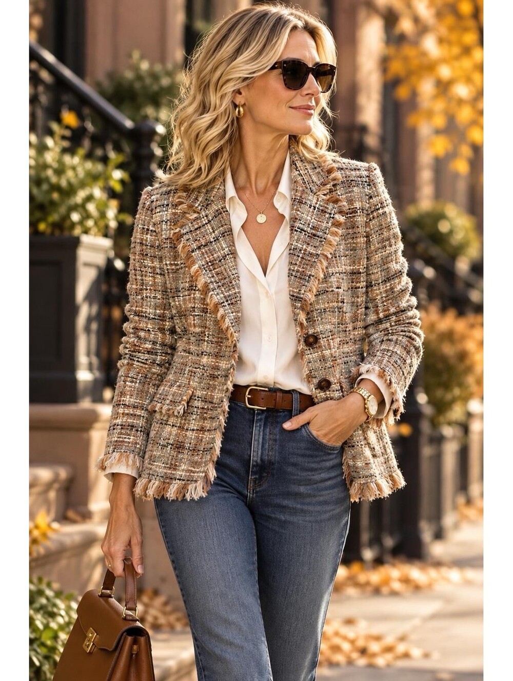 Focus 2000 Tweed Blazer Size 4 Tan Beige